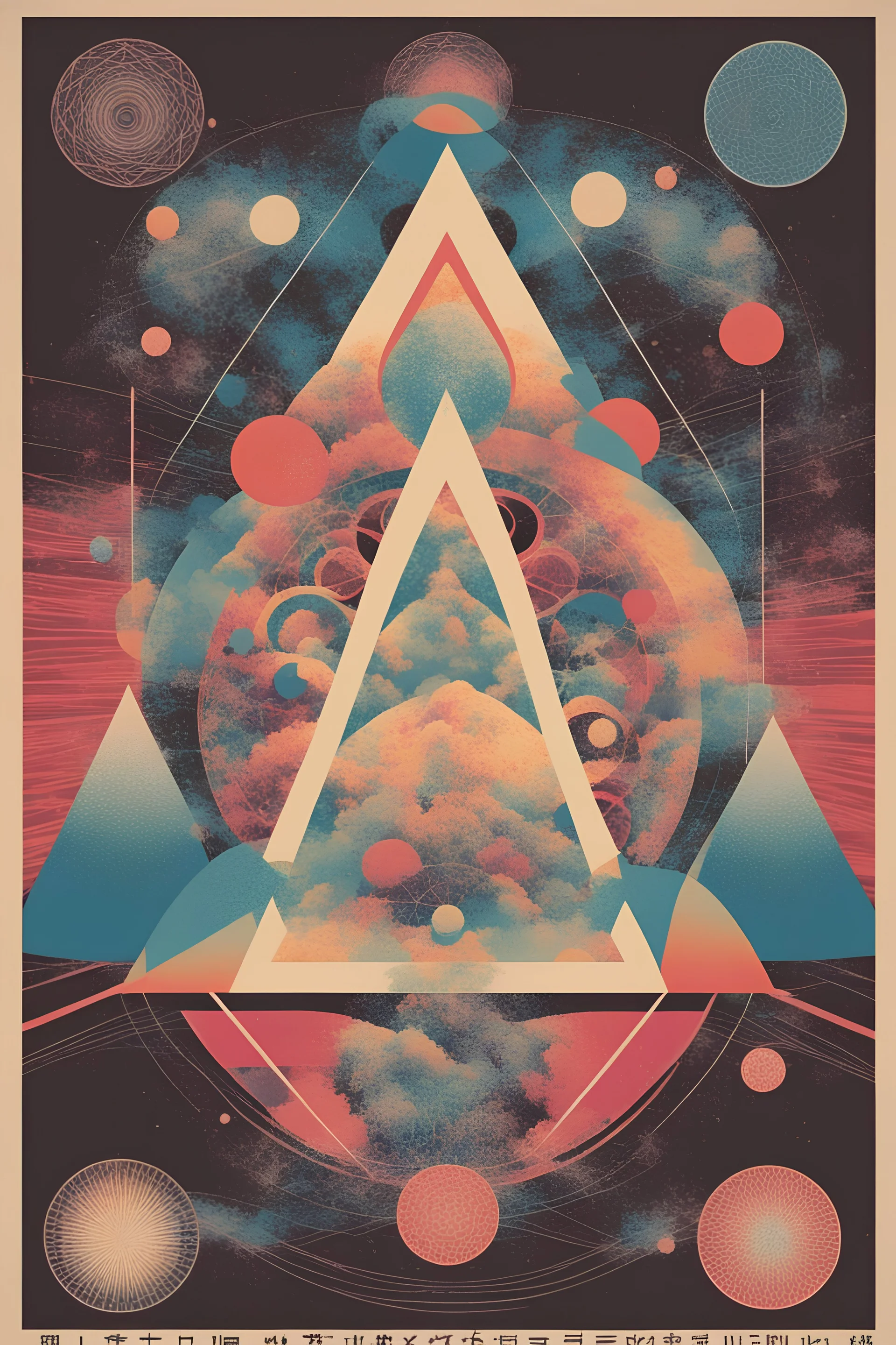 retro japanese poster ,Psychedelics , geometrical circles and triangles , meditating