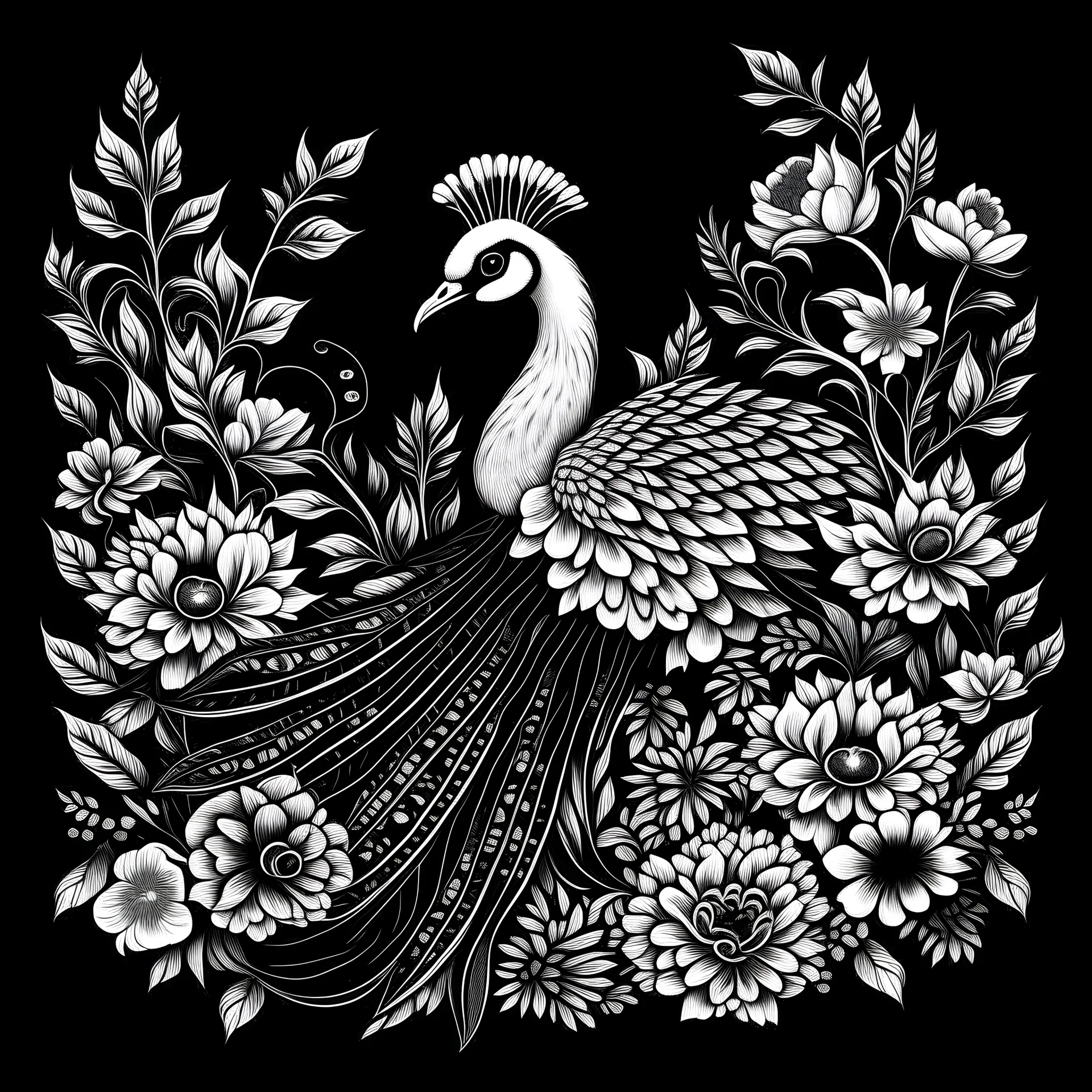 black and white. peafowl between seeds and big flowers. black background. for a coloring.