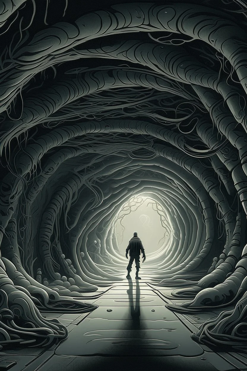 A surreal scene a tunnel-like structure filled with intertwined gray hands , The tunnel is lined with countless writhing aliens bodies, creating a chaotic and nightmarish atmosphere. At the end of the tunnel, a solitary figure walks towards a distant light source, casting a glow that illuminates the scene. The overall color palette is muted with shades enhancing the ominous and unsettling mood. The level of detai