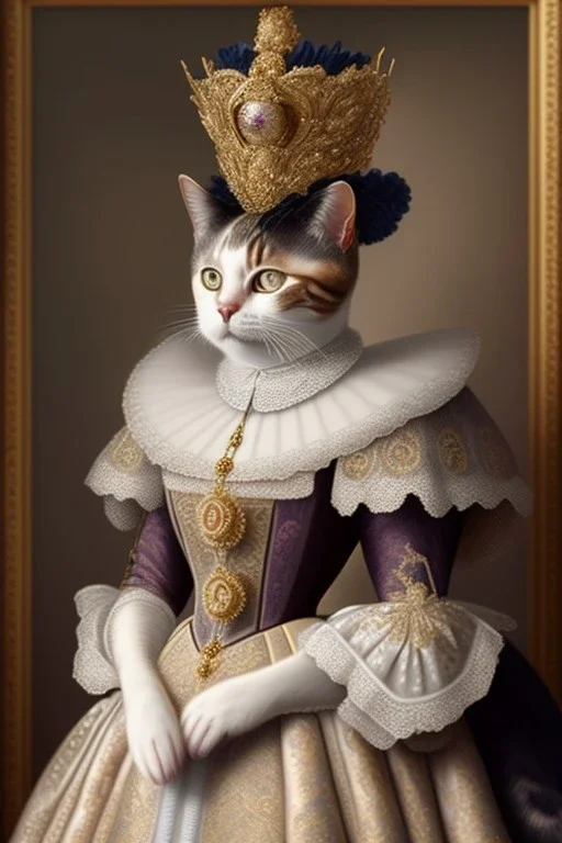 Portrait of a cat which is dressed like empress Elizabeth of Austria.