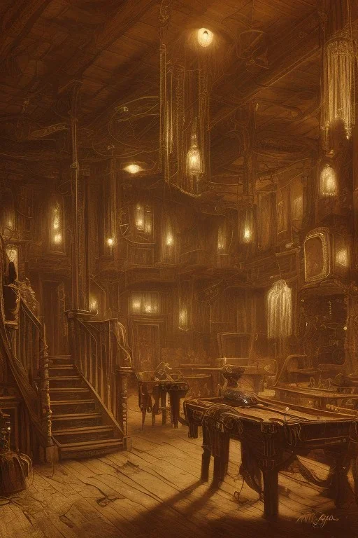 Inside Saloon in Western town in 1880 at night painted by HR Giger