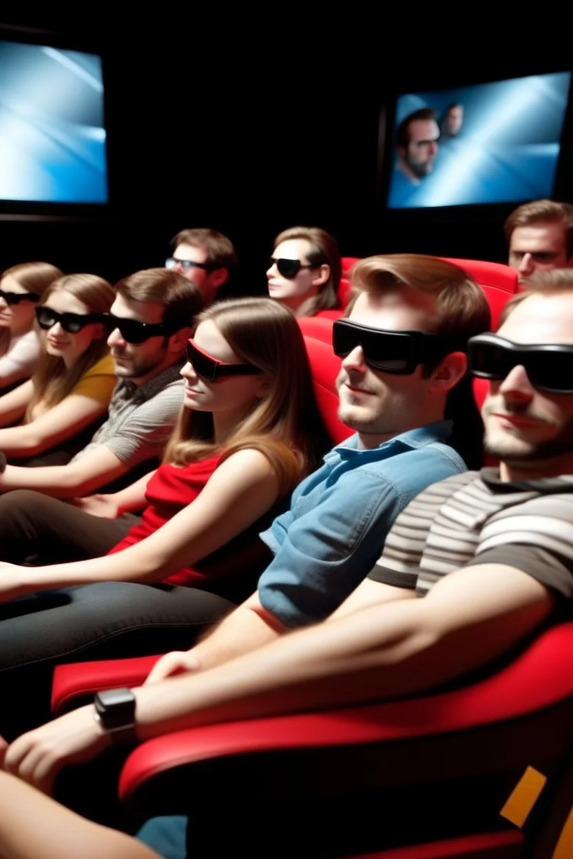 Beraber film izleyen 5 kişi 3D ve geniş açı biraz 2d önden görüyoruz