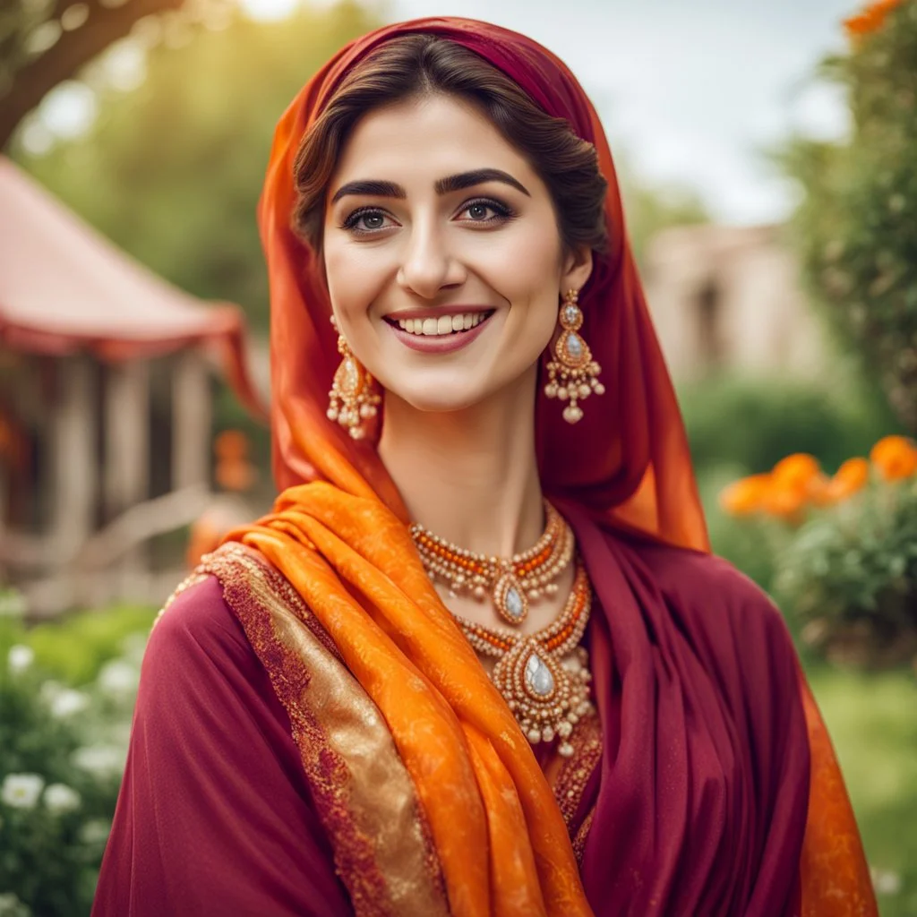 Hyper Realistic Close View of A Beautiful Happy Young Pashto Woman Smiling With Dimples Wearing Golden-Marble-Crystal-Earrings & Beautiful Maroon Dress with Orange Shawl in a beautiful garden at cloudy-day showing dramatic & cinematic ambiance.