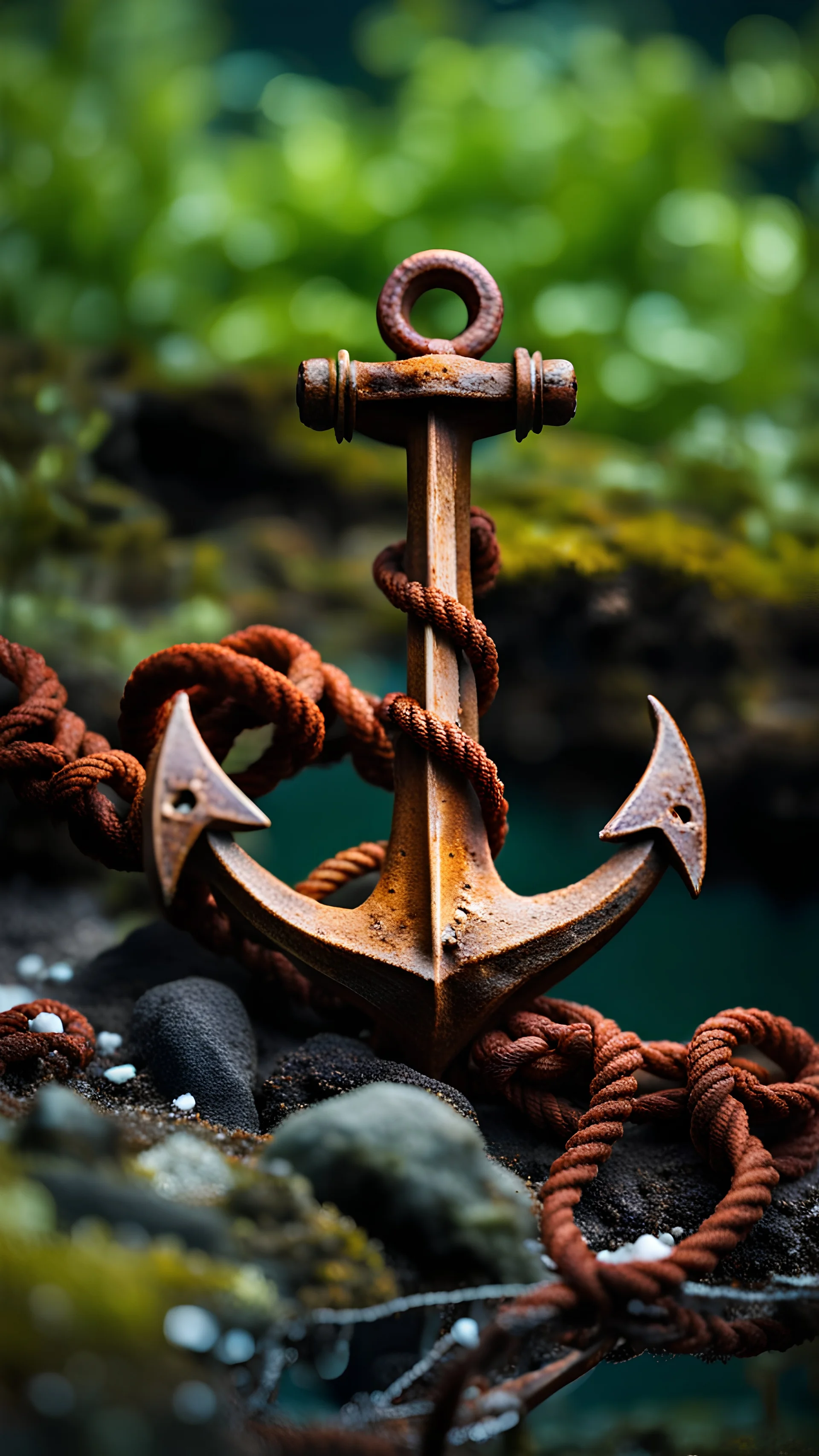 A rusty anchor lost for centuries in the oceans depths, best quality, 4k, intricate texture, skin imperfections, bokeh, professional photography, highly detailed.