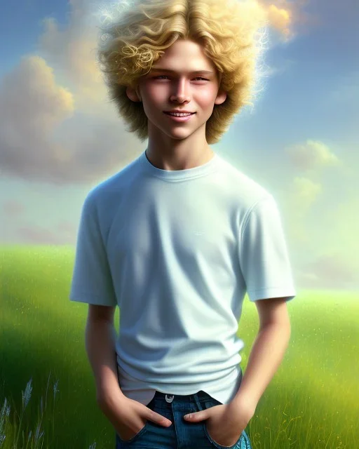 full length photograph of a beautiful 12 year old boy with long, blonde curly hair and light blue eyes, smiling, standing on a green hill in summer, highly detailed, digital painting, smooth, realistic, HDR