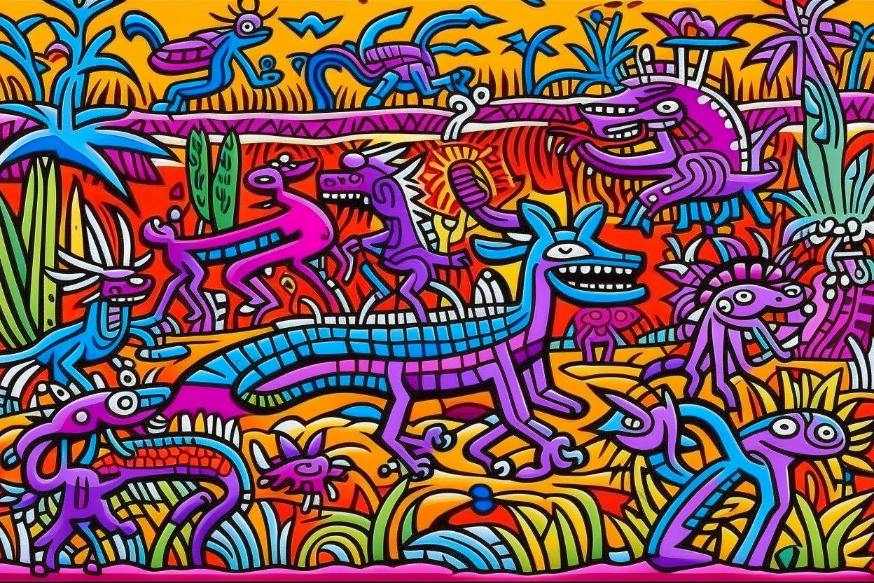 A purple wetland with frenzy monsters designed in Oaxacan Alebrijes painted by Keith Haring