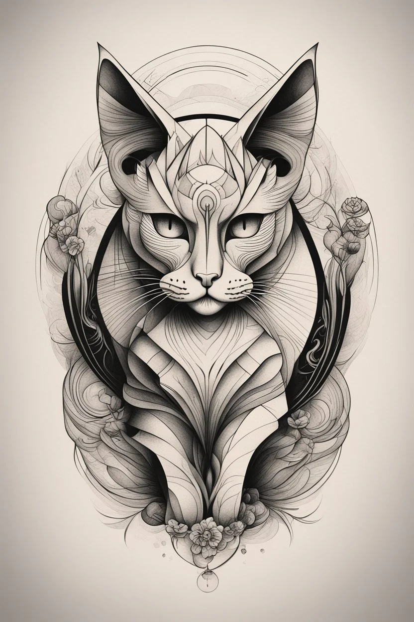 Create a captivating modern 2d ink tattoo design for print , prestigious Divine Cat using the elegant influences of japan art style, for print, dynamic elements from fashion and design, and bold Japanese contemporary art aesthetics, framing centered in the center, distanced from the edges of the paper perimeter, perfect anatomy, bauhaus, Divine Proportion,