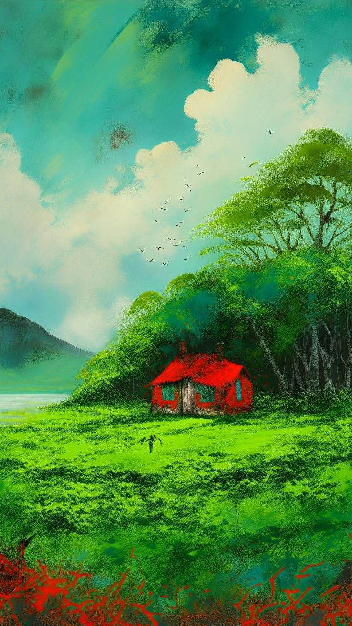 Painterly. Abstract. A cottage with a moss covered roof in a clearing. A willowy androgynous human figure stands clothed in red silk raiments. Anomalous red cloud issuing forth from the heart. Simple yet majestic