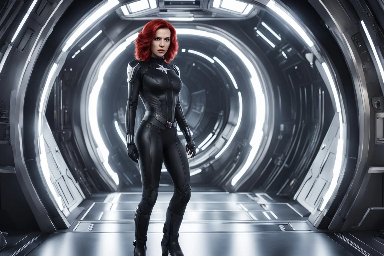 photorealistic slim woman looking like black widow with white boots in a heroic pose at the entrance to a spaceship