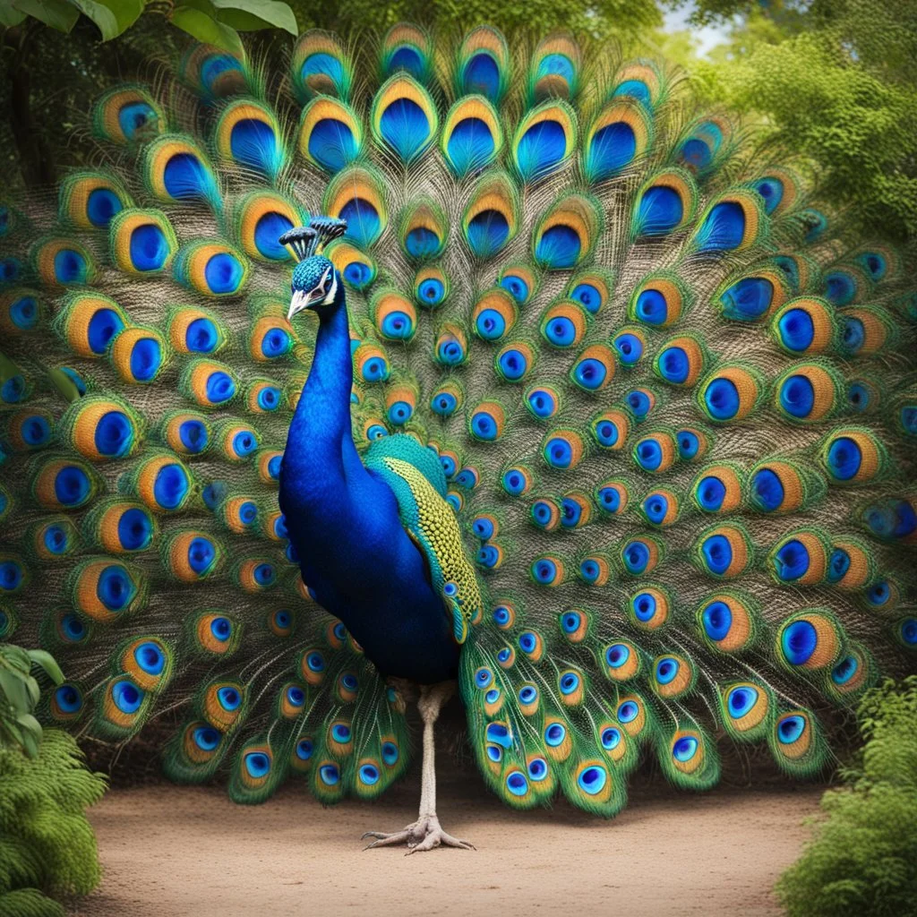 A majestic peacock displaying its colorful feathers in a lush, springtime botanical garden