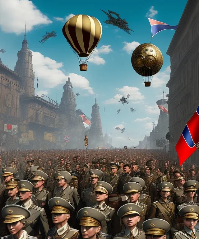 Steampunk Nazis city, with Balloon and swastika flag, people on the street watch the parade of the Wehrmacht army