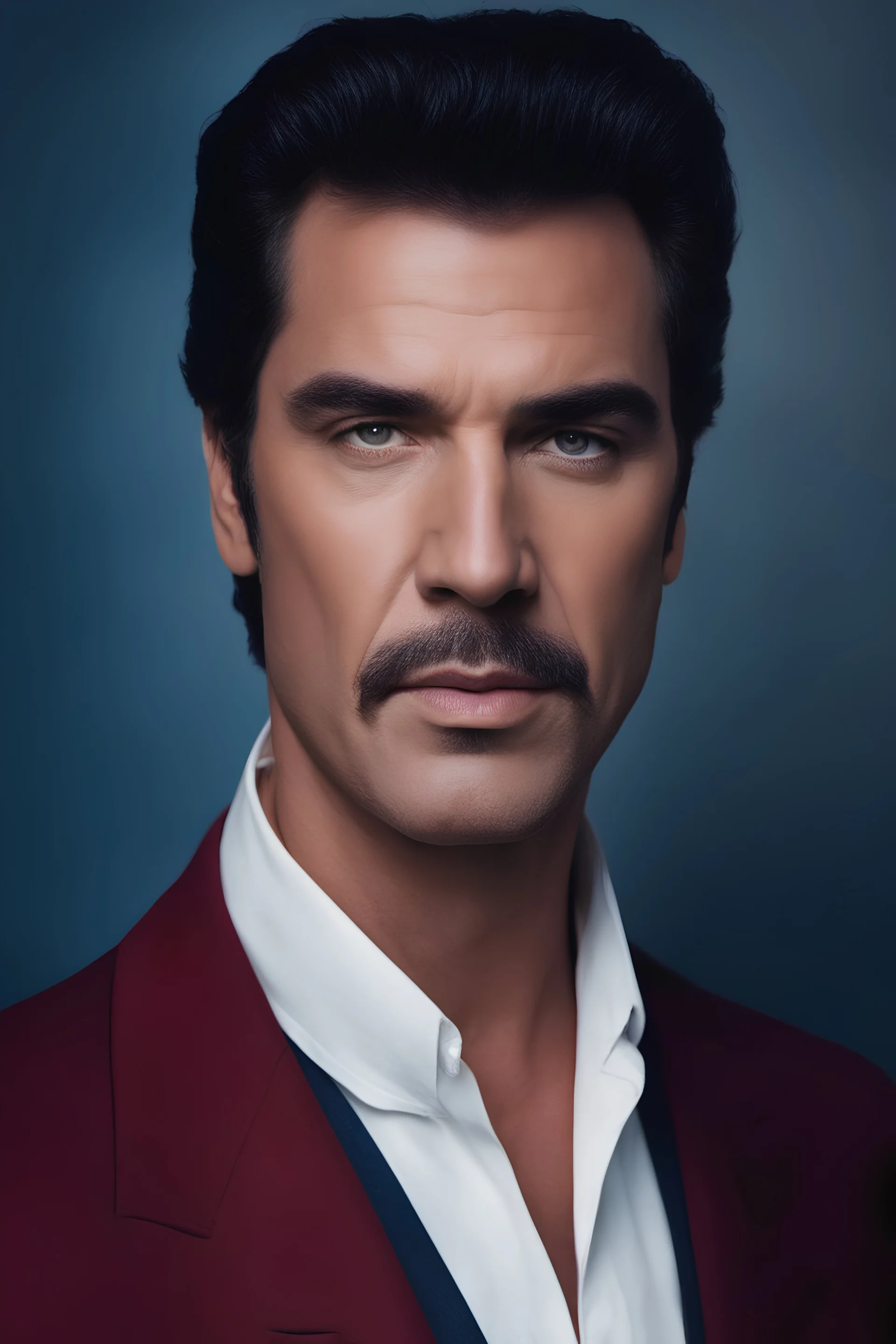 facial portrait - Elvis Selleck - 32k, UHD, 1080p, 8 x 10, glossy professional quality digital photograph - dark blue and dark red, and light maroon and purple and foggy black gradated background, historic, powerful, octane rendering, exquisite detail, 30 - megapixel, 4k, 85 - mm - lens, sharp - focus, intricately - detailed, long exposure time, f8, ISO 100, shutter - speed 1125, diffuse - back - lighting, ((skin details, high detailed skin texture)), (((perfect face))),