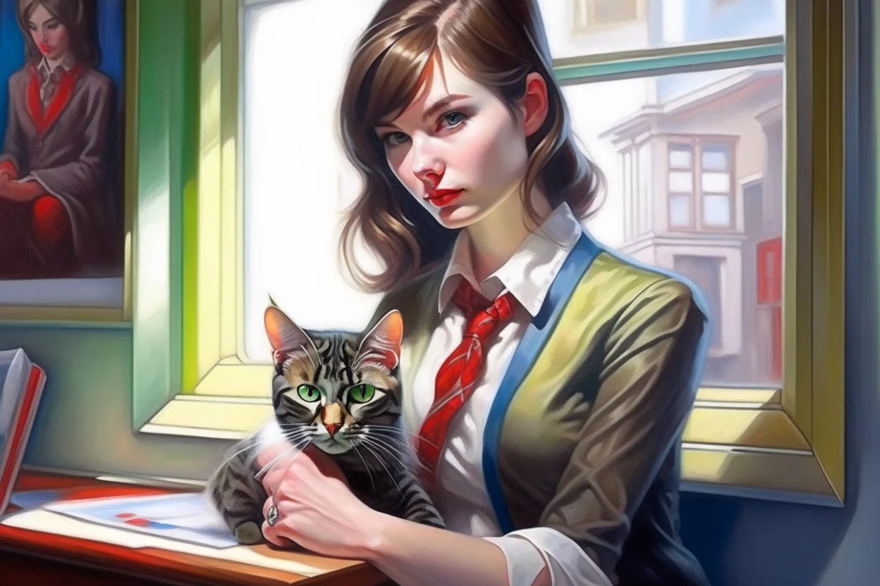 kitten brunette woman secret agent joker in an office in sunshine, very detailed, oil painting