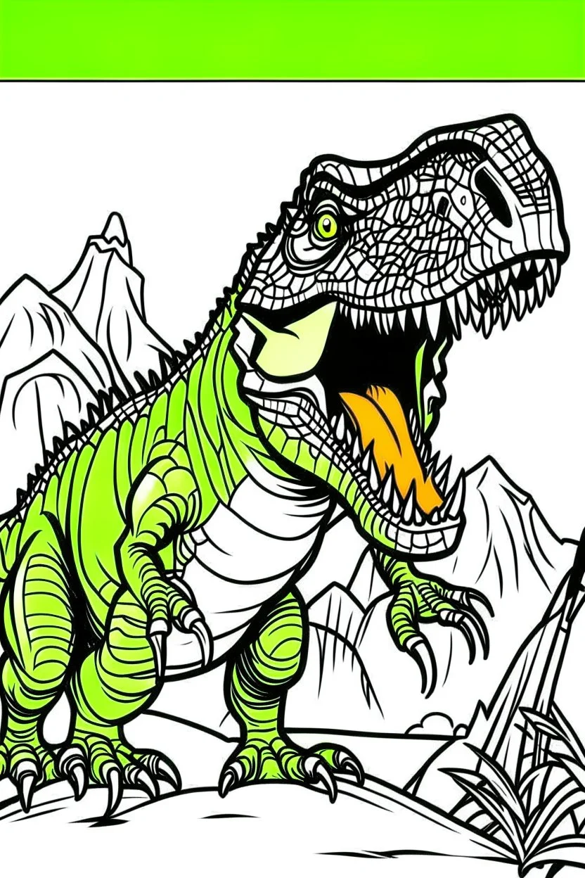 create a coloring page: Show a young T-Rex roaring loudly to assert its dominance over a rival dinosaur. ink drawing clipart, simple line illustrations, colored