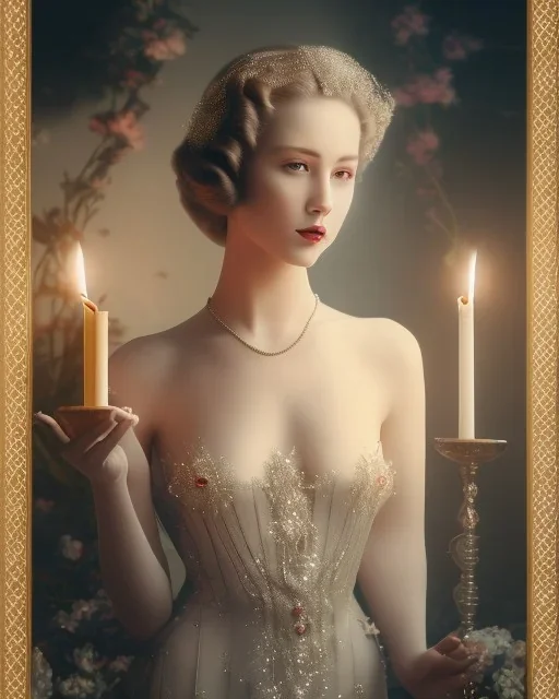 portrait beautiful, stunning woman in 1930s gown standing near small table, flowers, gauzy white curtains, candles, dreamlike, sepia photography, centered, 8k resolution, high-quality, fine-detail, intricate, detailed matte, volumetric lighting, photo-realistic, candles, translucent gown, illustration, 3D octane render, brian froud, howard lyon, selina french, anna dittmann, annie stokes, lisa parker, greg rutowski,