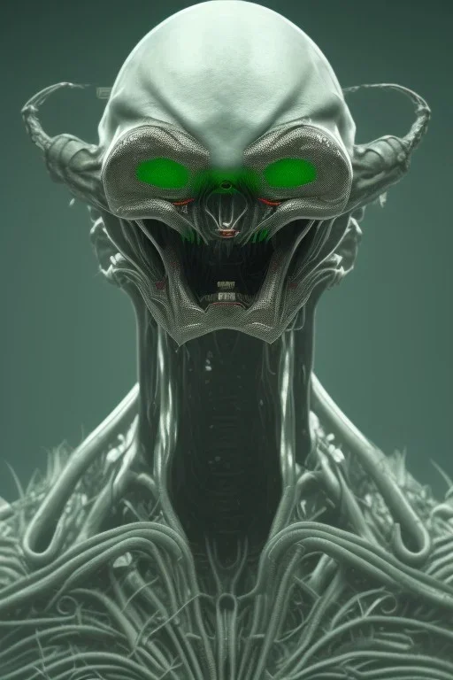 green alien, head, evil, black eyes, silver teeth, weapons, blood, 8k, finely detailed, photo realistic, HR Giger style