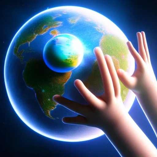 a Childs hand, holding the world, 8k, photorealistic