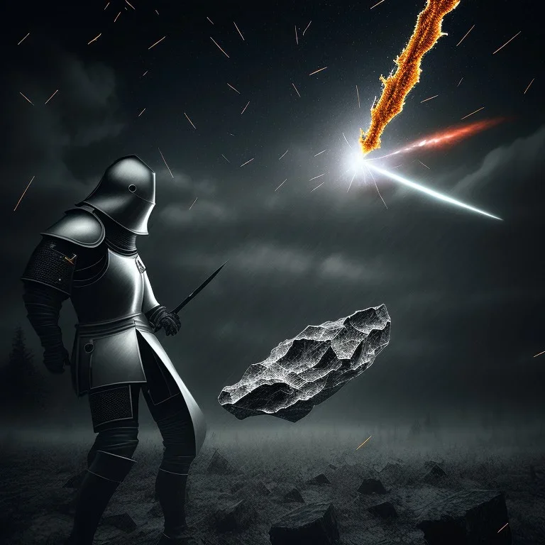 Heavy rain. Epic Lighting in the night sky. Knight with magic scroll in hand. Falling meteorite from the sky. Meteorite burning in the distance. Dark black mud.