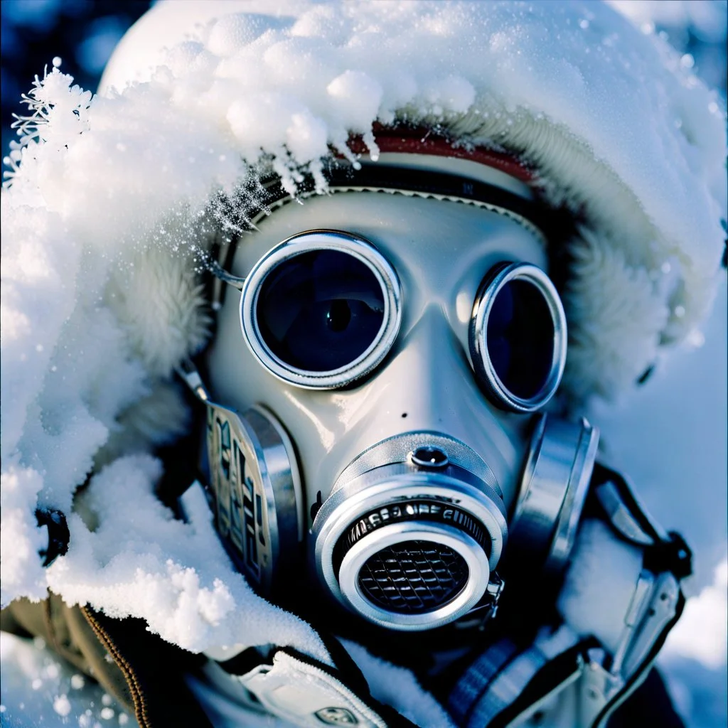 close up documentary photography, Yeti In a Respirator, Dystopian, Extreme depth of field, bokeh blur, winter, blizzard, Alberta, all-natural, in the style of candid, imperfection, natural lighting, light-focused, amateur shot, shot on Agfa, Fuji Film, 1980s, taken with Hasselblad --ar 4:5 --w 150 --style raw