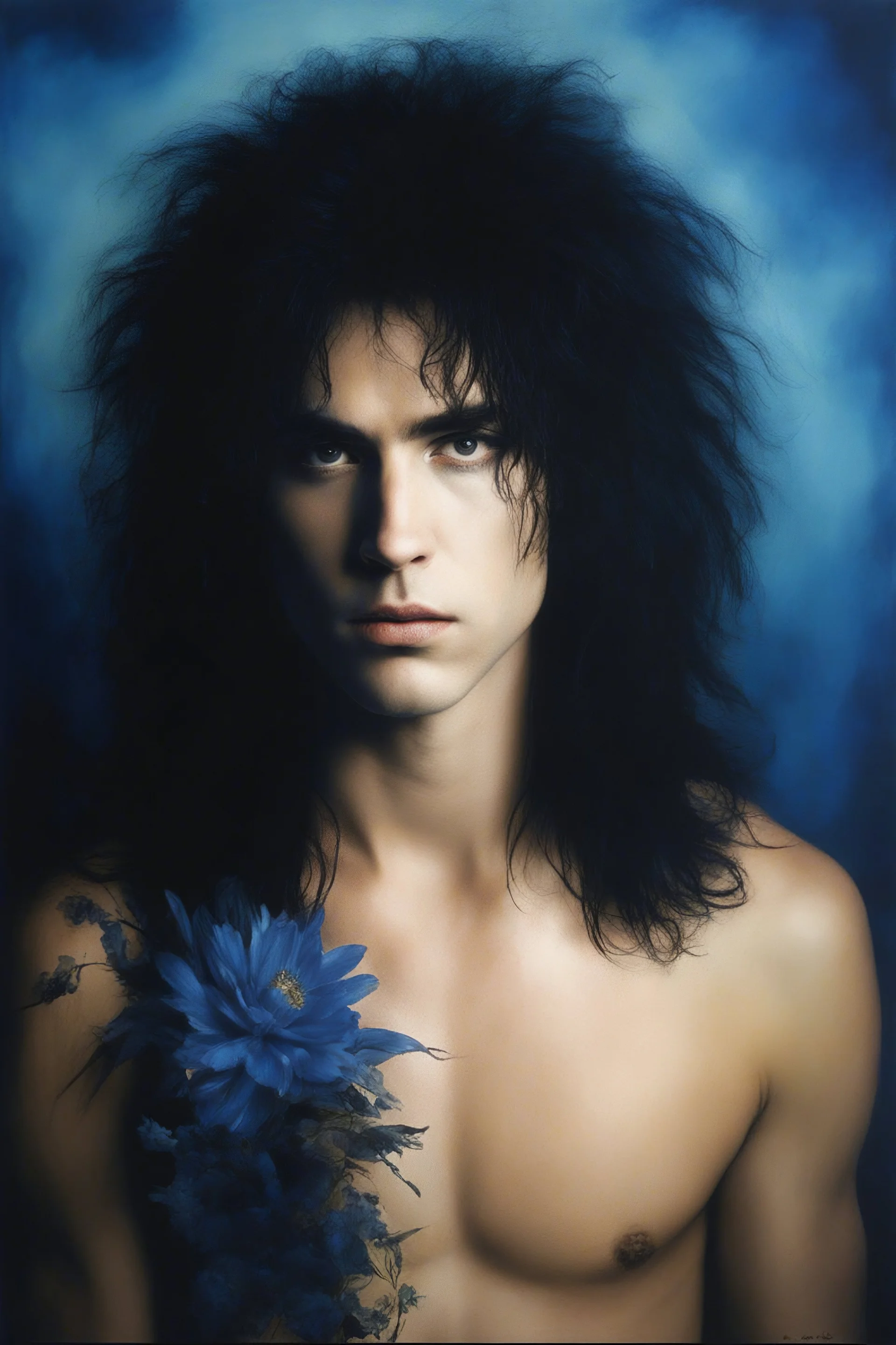 Chiaroscuro lighting, deep shadows, rich deep colors, facial portraits, 1980, 16-year-old Paul Stanley, ((1980's big hair, long, teased up Spikey Motley Crue style hair)), Black hair, facial portraits, foggy, cloudy blue wall with assorted designs and multiple floral arrangements in the background, 4k, 8k, 16k, 32k, 100k UHD, Ultra-Hyper Resolution, dark, sultry eyeshadow, eyeliner, mascara, rouge, lipstick