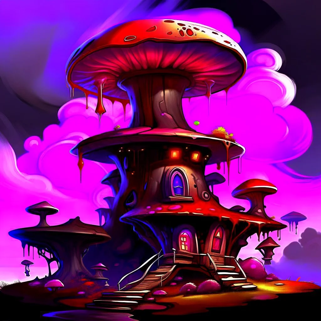 A fantabulous black, purple and red (((mushroom tower house))) erected atop a (geologic pillar), surrounded by the uncanny imaginative ((( swirling skies))), offset by the stark hues of a (neon-tinged nebulous space scape), within. captured by the hand a skilled master painter with a focus on (softly blurred compositions and voluminous lighting).