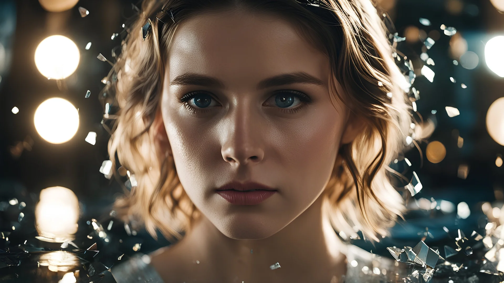 shattered mirror, reflect, girl's face, cinematic shot + dynamic composition, incredibly detailed, sharpen, details + intricate detail + professional lighting, film lighting + 35mm + anamorphic + lightroom + cinematography + bokeh + lens flare + film grain + HDR10 + 8K + Roger Deakins, ((cinematic))