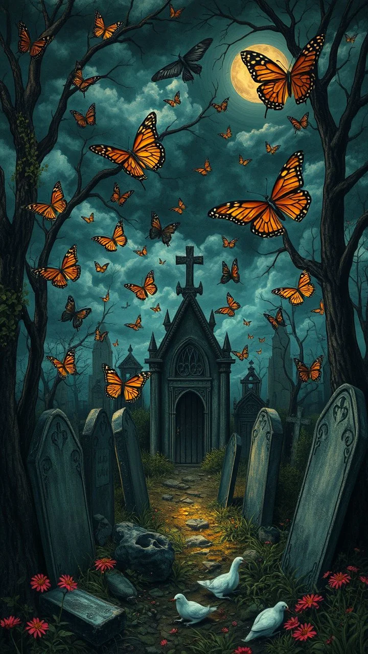 Hieronymus Bosch style , a graveyard with butterflies