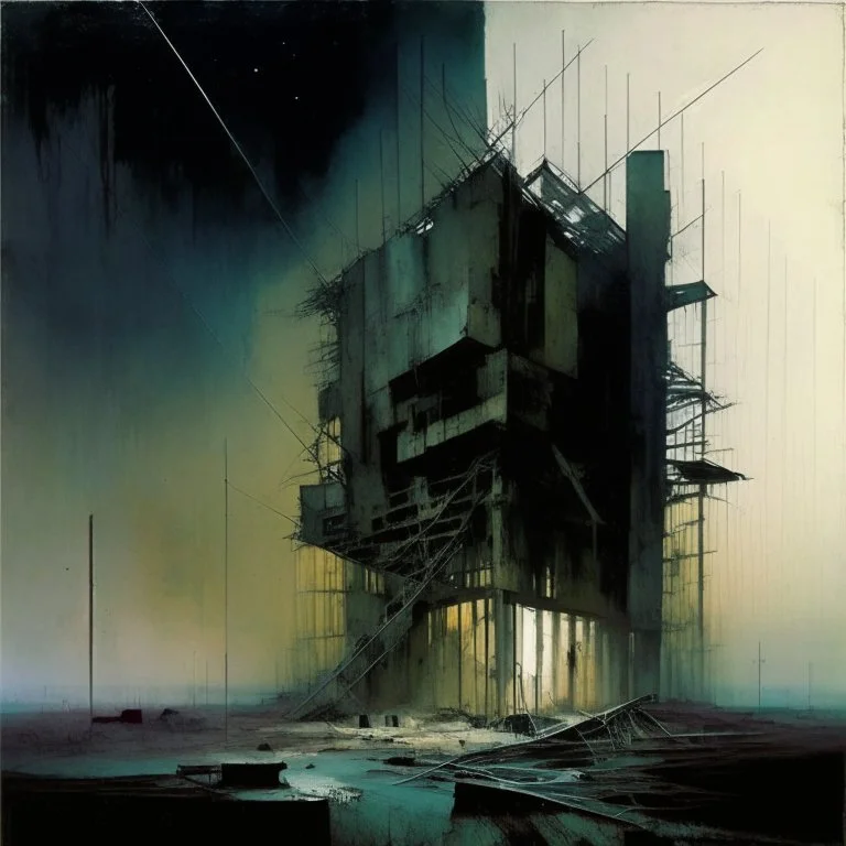 Contemporary abstract painting of Lebbeus Woods brutalist architecture in a wasteland techno decaying landscape. Hazy foggy night sky. Concrete ground. Exposed twisted concrete and wires. Style Justin Mortimer and JMW Turner.