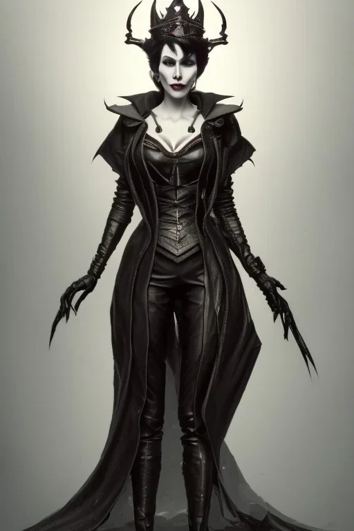 Lene Nystrøm as evil queen in black leather, busty, cleavage, voluptuous, angry, stern look. character design by cory loftis, fenghua zhong, ryohei hase, ismail inceoglu and ruan jia. unreal engine 5, artistic lighting, highly detailed, photorealistic, fantasy