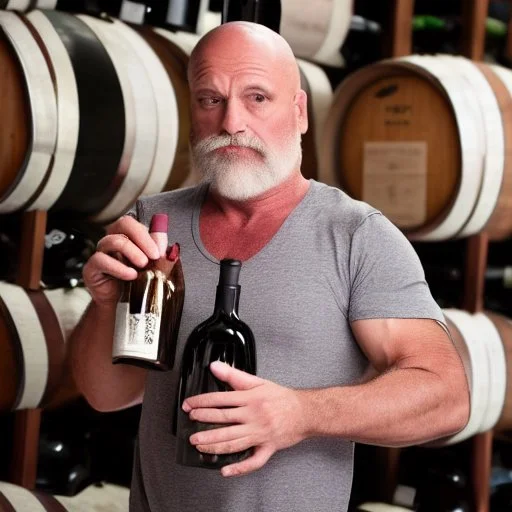 burly ugly 58 year old man bald with short beard and tank top manly chest chooses a bottle of wine in a cellar full of wine bottles dramatic light angry eyes highly detailed