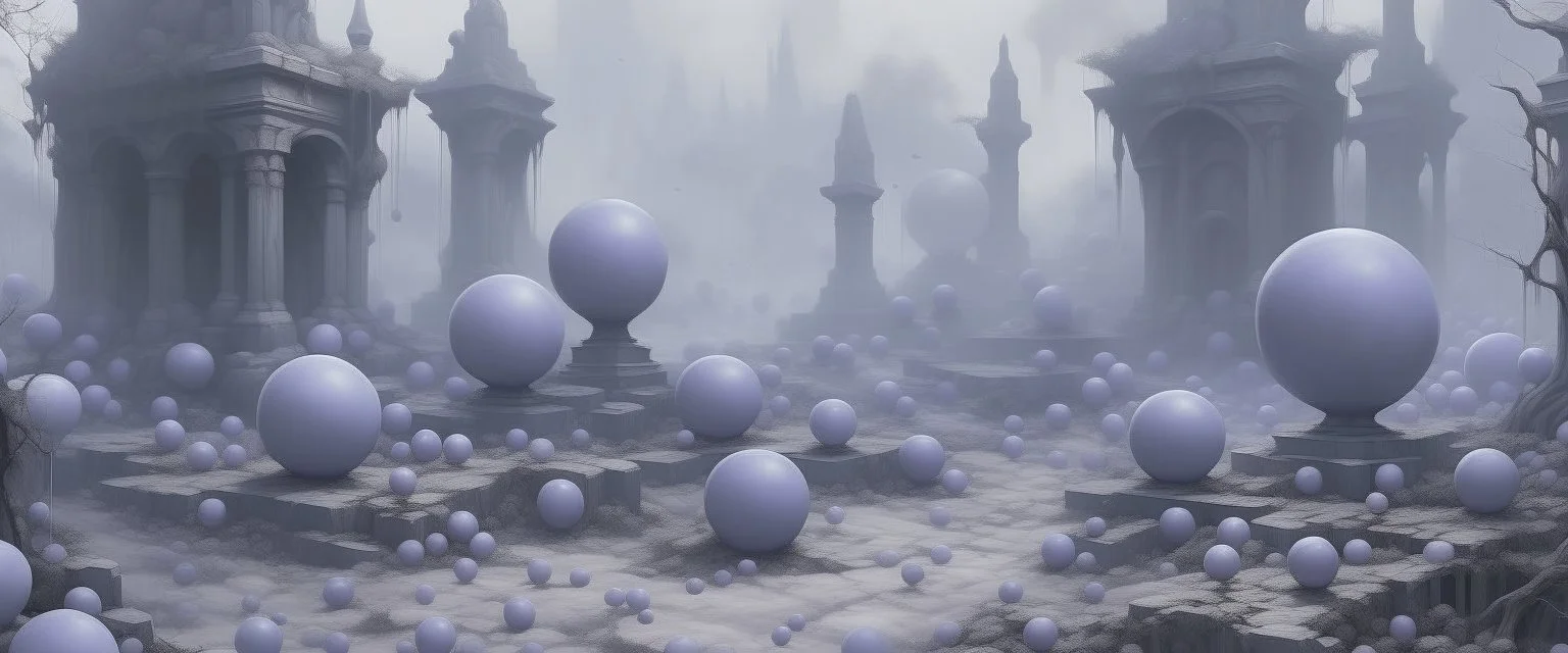 A pale grayish purple graveyard with floating orbs painted by Qiu Ying