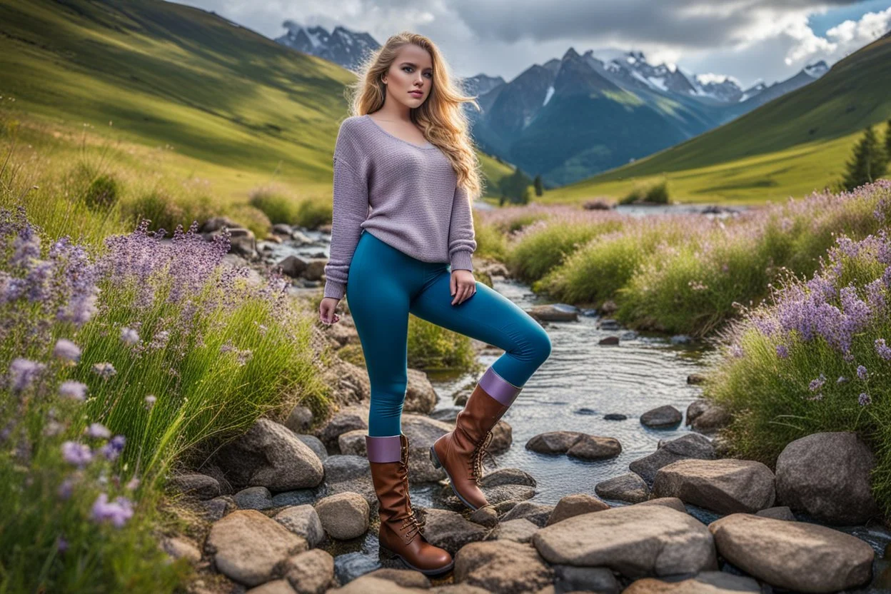 country side ,blue sky , mountains, pretty clouds ,small rocky river with clear water small rocks in floor,wild flowers,beautiful 18 year old girl with ash blonde hair and blue eyes with her curvy hair down, wearing a long-sleeved woollen top, and lilac long leggings, with long red boots full body standing pose shot