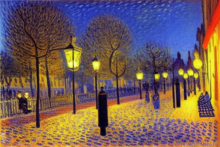 Night, square bench, lanterns, alfred sisley impressionism painting