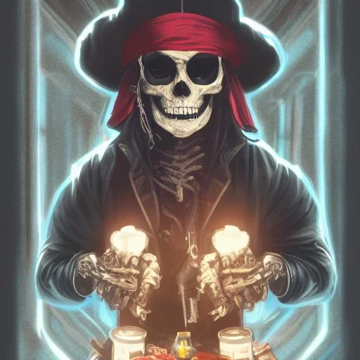 a cyberpunk hacker pirate captain skeleton holding a beer with a pirate hat sitting in front of a huge old crt monitor in a dark room , only light coming from crt monitor, highly detailed, intricate, digital art, trending on artstation, trending on cgsociety, by greg rutkowski