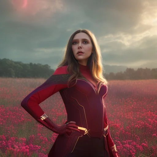 Feiticeira escarlate, Elizabeth Olsen, feiticeira, magia, bonita, cenário em um campo de flores, cinematográfico, dramático, por do sol, campo de flores, cores frias