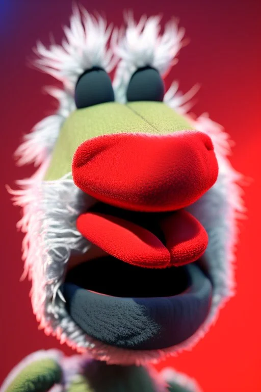 Waist up muppet Portrait, Donald J Trump us muppet doll, black hair, Venezuelan president, red tracksuit, mustache, photo studio, black background, unreal engine 5, concept art, art station, ray tracing, lumen lighting, ultra detail, volumetric lighting, 3d.