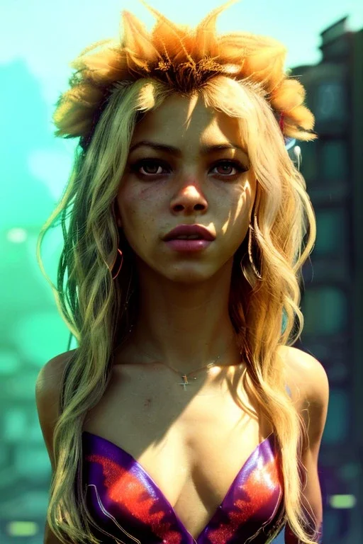 Shakira, artist, 30 years old, Realistic image, waist up portrait, etro style dress. Blonde, feathers, loose long hair, eyes make up, perfect, glow, circle iris. Neon colors, leds, geometric shapes. Dark background, photo studio, neon lights. Cyberpunk, concept art, smooth, unreal engine 5, god lights, ray tracing, RTX, lumen lighting, ultra detail, volumetric lighting, 3d, finely drawn, high definition, 4k.