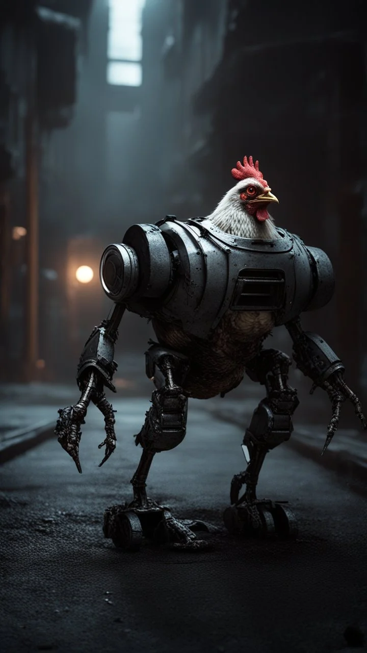 chicken monster robot with eerie lighting and a haunting atmosphere , photo / ultra realistic cinematic