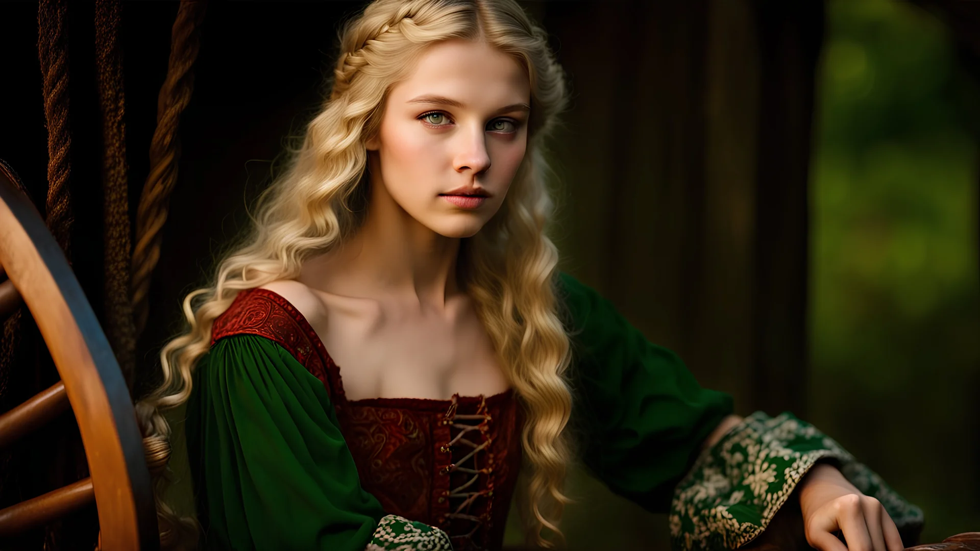 Photo is in sharp focus with high resolution. It is is a closeup portrait of a beautiful and slender caucasian 17 year old teen girl with long wavy platinum blonde hair. She has full lips, a turned up nose, high arched eyebrows and large green eyes. She is wearing a medieval peasant dress with a coset. She is seated at a spinning wheel in a castle room lit by candles. She is gazing at the viewer.