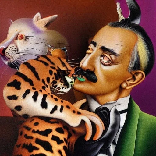 Salvador Dali embraces his pet ocelot Babou , hypperealism , surrealism , outlandish , extreme, high definition ,eccentric, precise craftsmanship, high detailed, vivid deep colours,triple colors complex, oil on canvas ,8k portrait,sharp,beautiful faces ,beautiful eyes ,elegant moustache, focus, close up, fantasy view ,intricate ,masterpiece, by Salvador Dali .