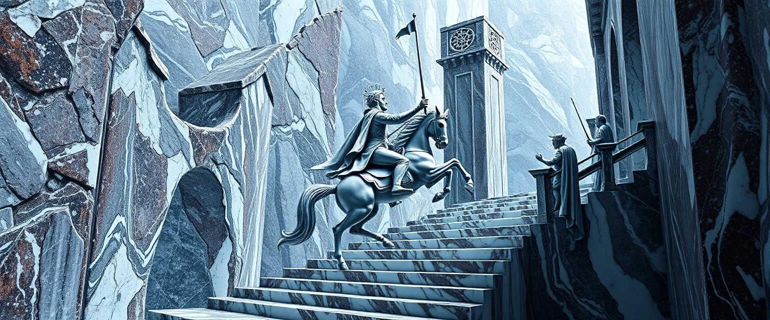 the chariot, the fool and the tower tarot card disaster rendered in magnificient 4d glossy marble stones reflective and wet, like mirrors, winding stairs, watchers