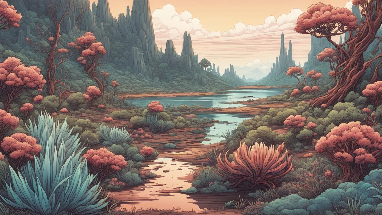 comic style, highly detailed ,gorgeous otherworldly landscape, otherworldly plants