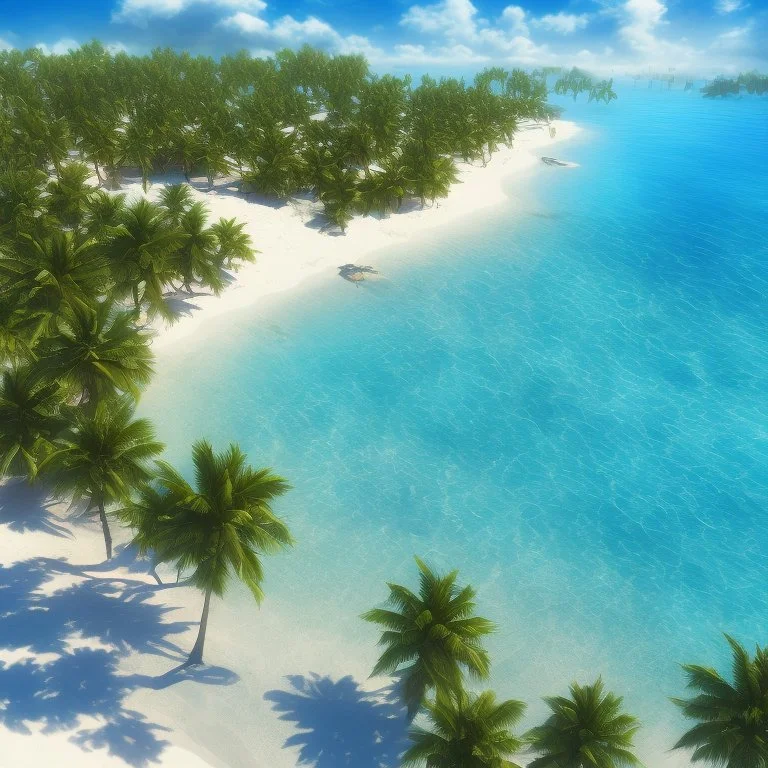 9. Generate an image of a sun-soaked beach with palm trees and crystal-clear water