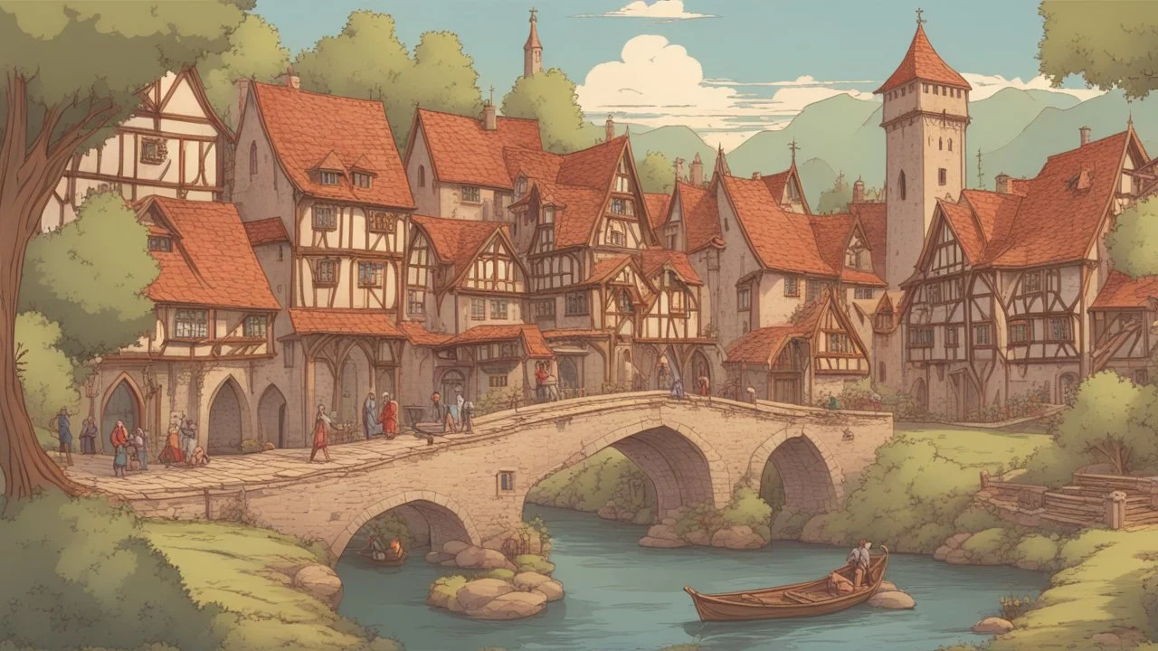 medieval gothic village on a lake with bridges, people, balconies, trees