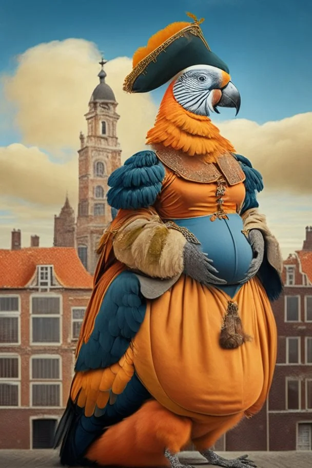 Pregnant Half parrot half human in a old 1700s orange Dutch uniform in front of a Dutch city