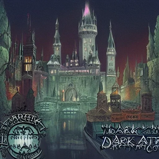 A dark canal city of wizards, witches and warlocks with a castle Nick Harris style