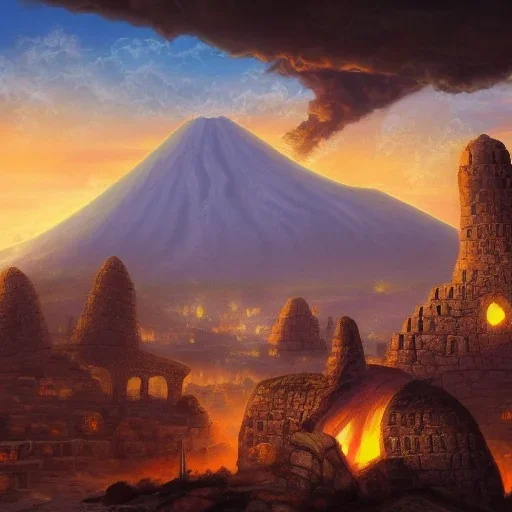 Ancient city in volcano hyper detailed, fe,fantasy art