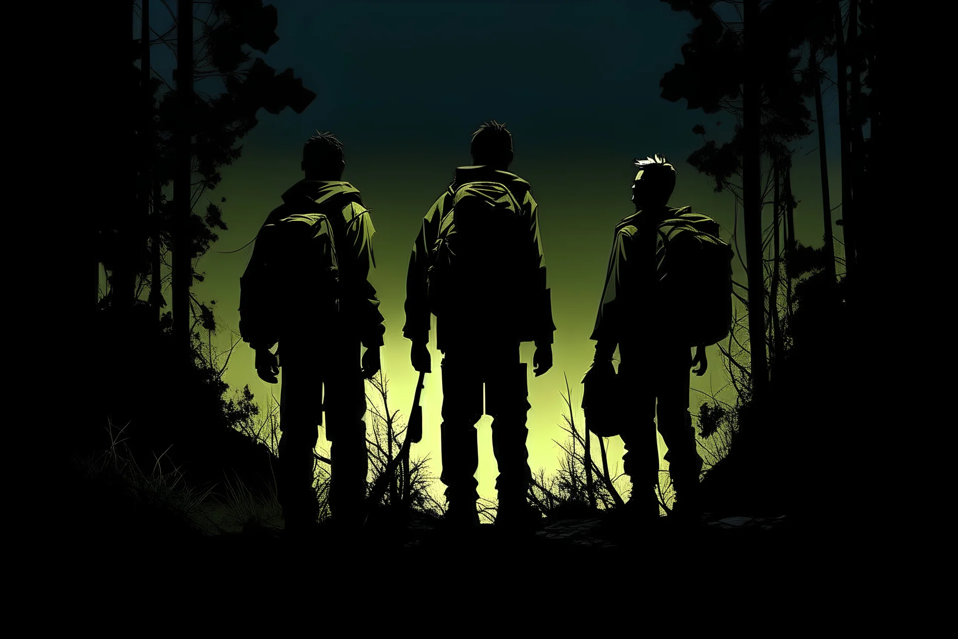 four persons, standing, silhouette, comic book,post-apocalypse, backpack,, forest, night time,