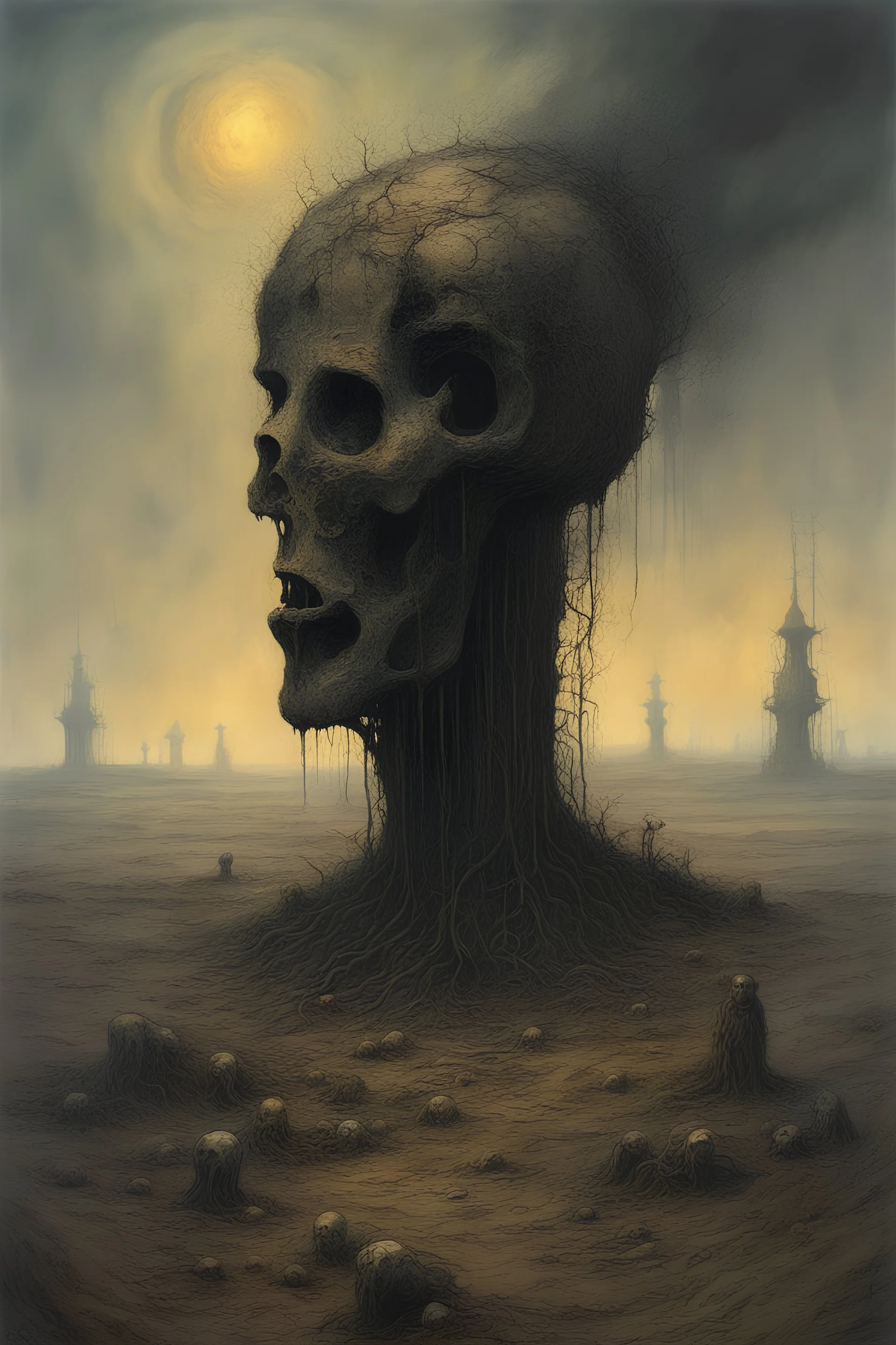 zdzislaw beksinski dystopian Decrepit landscape, rotting land, war, decaying fields, misery, a dying world war famine drugs bottom feeding humanoids post apocalyptic violent