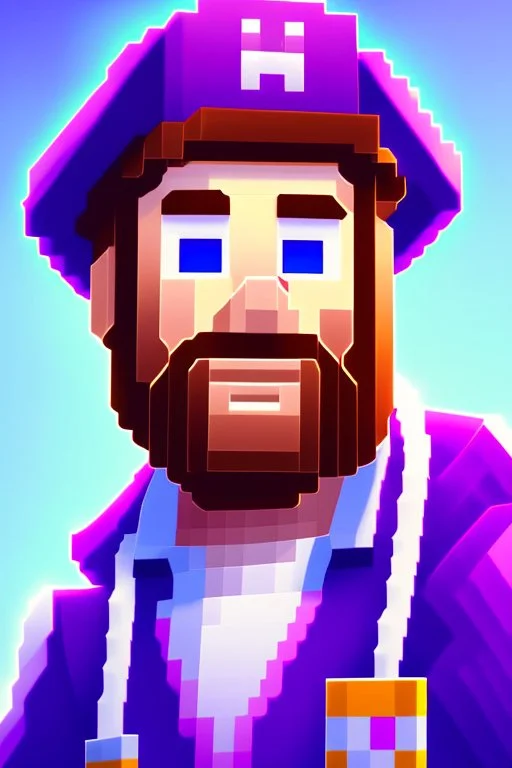 a portrait of a purple Minecraft guy, cute, farmer look, 2d, large pixel style